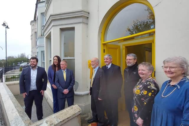 Former Alliance Party leader David Ford with Derry & Strabane Councillors Philip McKinney and Rachael Ferguson and local party members officially opening the party's new office at Dacre Terrace.
