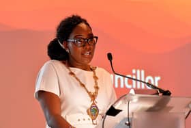 Mayor Lilian Seenoi Barr speaking at the 2024 Derry Journal People BetMcLean Awards.  Photo: George Sweeney