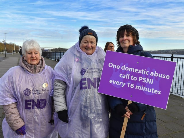 Proponents who participated in the Foyle Women’s Aid walk, from Sainsbury’s to the Guildhall on Sunday afternoon, supporting the United Nations Women’s Campaign to eliminate gender – based violence worldwide. Photo: George Sweeney