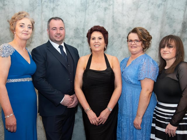 Elaine McColgan, Davin Doherty, Deirdre Bradley, Kelly Beresford and Andrea Porter, Visit Carndonagh Office at the Carndonagh Traders Business and Community Awards in the Ballyliffin Lodge Hotel on Saturday night last. Photo Clive Wasson.