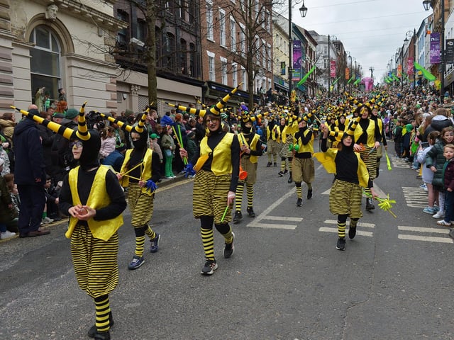 The Derry St Patrick’s Day parade makes its way towards the city centre on Monday afternoon. Photo: George Sweeney.