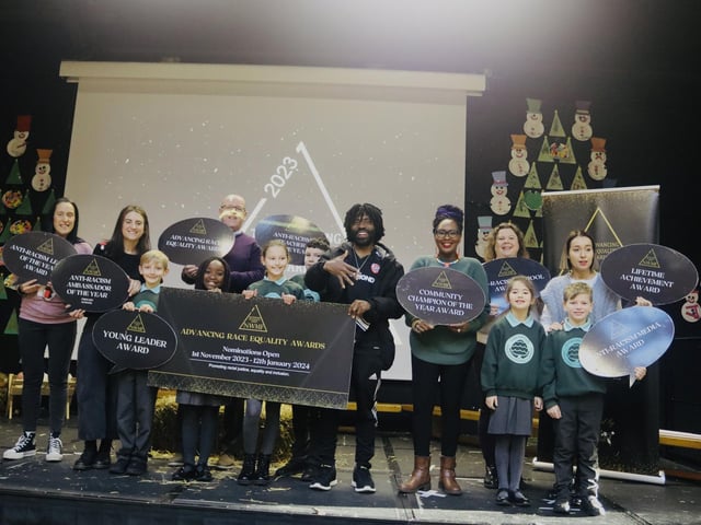 Staff and pupils centre stage to promote the North West Migrants Forum’s Advancing Race Equality Awards. You can nominate for the awards at www.nwmf.org.uk/awards