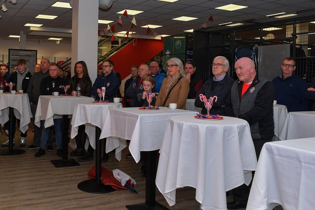 Some of the attendance pictured at the launch of Derry City’s 2024 home shirt at O’Neill’s superstore on Wednesday evening. Photo: George Sweeney