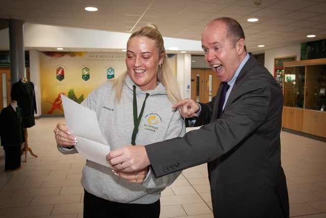 YOU DID IT!. . . .Vice Principal Mr. Joe Lafferty congratulates Jessica Bradley on her A Level results at St. Cecilia's College on Thursday morning. (Photos: Jim McCafferty Photography)