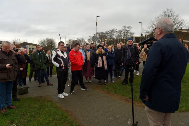 Some of the attendance at the unveiling of a Braille sign on Free Derry Corner by Richard Moore on Tuesday afternoon. Photo: George Sweeney. DER2305GS – 67