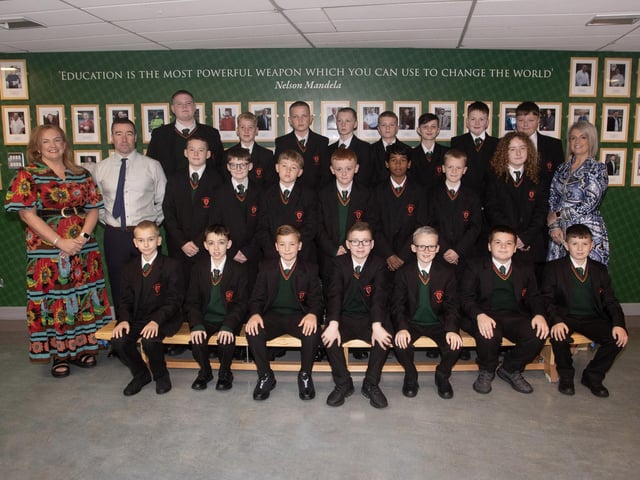 Mrs. Carla McCay pictured with her 814 Year 8 Form Class at St. Joseph's Boys School on Monday morning. On left is Mrs. Carla Hagan and Mr. Jon O'Loughlin, Head of Junior School. (Photos: Jim McCafferty Photography) : St. Joseph's Boys School welcomes latest influx of Year 8 pupils