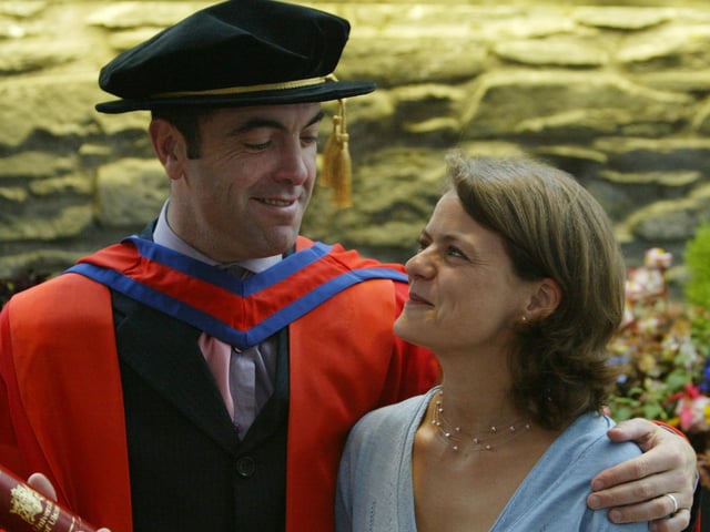 James Nesbitt poses for a photo with his wife Sonya at Magee College
