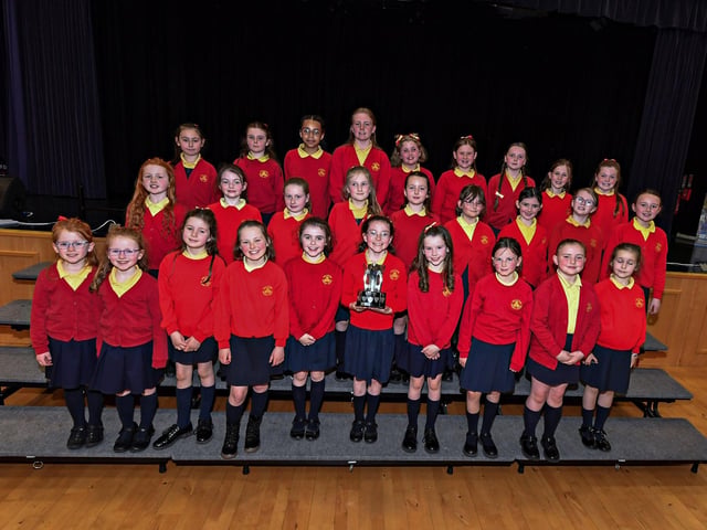Steelstown Primary School winners of the Most Promising Choir Feis Cup and Bursary at the Feis Dhoire Cholmcille Choral Competitions held in St Mary’s College. Photo: George Sweeney