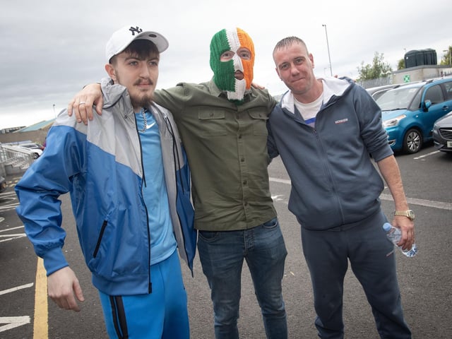DJ Provai with his mates Naoise and Liam Og arriving for Sunday's homecoming screening of 'Kneecap' at Brunswick Moviebowl. The event was part of Feile 24. (Photos: Jim McCafferty Photography)