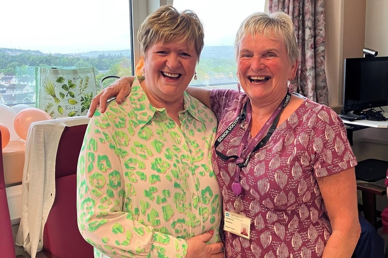 Dr. Freda Mooney celebrating her retirement with her colleague Maria at Altnagelvin.