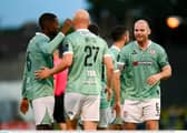 Liam Boyce of Derry City, 27, is congratulated by team-mates Sadou Diallo, left, and Mark Connolly, right, after scoring their side's third goal during the Sports Direct Men’s FAI Cup second round match between Treaty United and Derry City at Markets Field in Limerick. Photo by Stephen McCarthy/Sportsfile