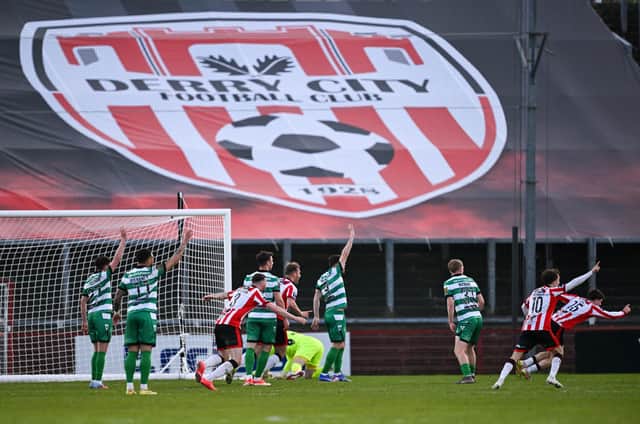 James Clarke of Derry City celebrates after scoring his side's first goal during the SSE Airtricity Men's Premier Division match between Derry City and Shamrock Rovers at Find Insurance Celtic Park in Derry. Photo by Stephen McCarthy/Sportsfile