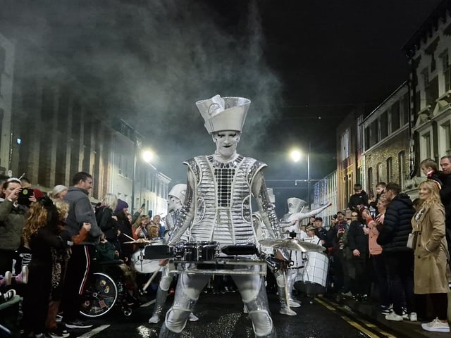The amazing colourful drum band Spark! performing during Derry Halloween 2024.