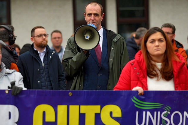 Mark H. Durkan MLA speaking at a protest outside BBC Radio Foyle, on Northland Avenue, on Wednesday afternoon against proposed cuts to jobs and services by BBC Northern Ireland as part of a cost-cutting and restructuring project. Photo: George Sweeney. DER2248GS – 34