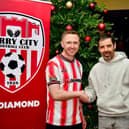 New Derry City signing Shane Ferguson is welcomed to the Brandywell by boss Tiernan Lynch. (Photo: Kevin Morrison)