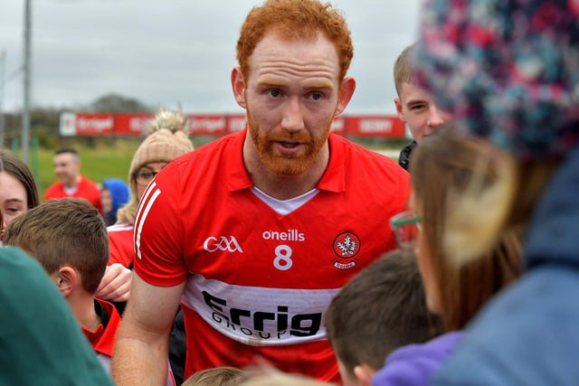 Conor Glass signs autographs after Derry’s victory over Clare at Owenbeg on Sunday afternoon. Photo: George Sweeney. DER2312GS - 15