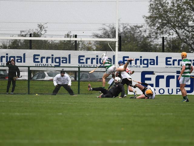 Swatragh's Cathal Murray (15) scores a goal against Kevin Lynch's in the Intermediate Hurling Championship final in Owenbeg.  Photo: George Sweeney