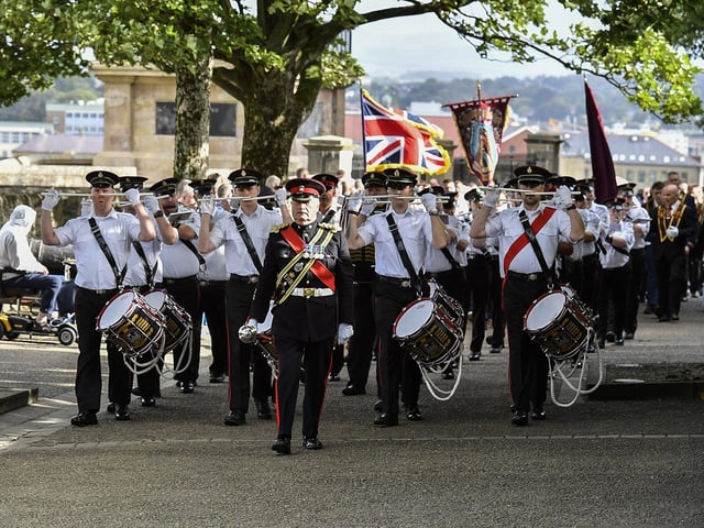 The Hamilton Flute Band pictured at the ABOD parade on Derry’s Walls on Saturday morning. Photo: George Sweeney
