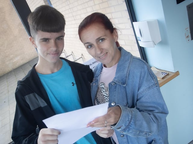 Matthew Harkin checking out his GCSE results with mum Christina at St. Joseph's on Thursday morning. (Photos: JIm McCafferty Photography)