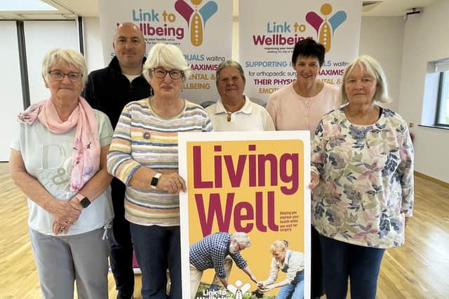 Western Trust Orthopaedic ‘Prehabilitation’ Link to Wellbeing Programme which has received region recognition pictured back row from left to right: Eamonn Harrigan, Western Trust Link to Wellbeing Programme Coordinator; Bernie King, Programme, Participant and Nichola Cairns, Western Trust Lead Orthopaedic Nurse Manager. Front row from left to right: Sandra Dougherty, Margaret Sweeney and Noeleen Harding, Programme participants.