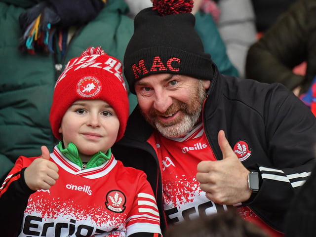 Fans at Derry’s NFL game against Galway at Celtic Park on Saturday evening. Photo: George Sweeney