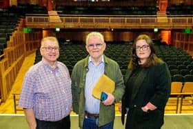 David McLaughlin (CEO Millennium Forum), playwright Brian Foster and Mags Anderson (Millennium Forum) pictured at the launch of the 25 th Anniversary Playwright Scheme at the Forum.