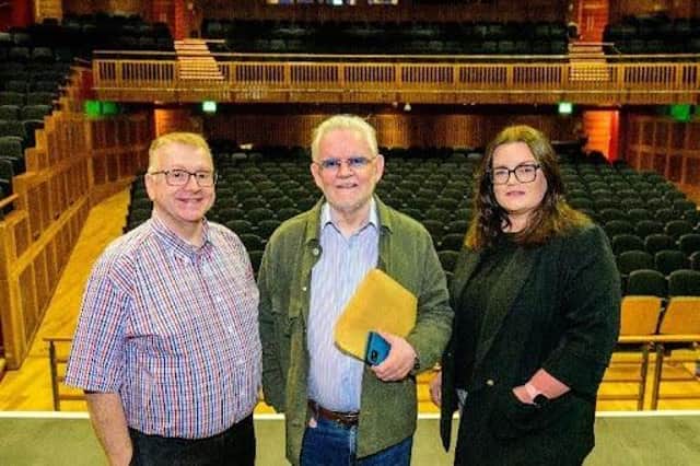 David McLaughlin (CEO Millennium Forum), playwright Brian Foster and Mags Anderson (Millennium Forum) pictured at the launch of the 25 th Anniversary Playwright Scheme at the Forum.