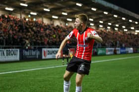 Brandon Kavanagh celebrates scoring Derry City's second goal against Finn Harps on Friday night. Photo by Kevin Moore.