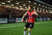 Brandon Kavanagh celebrates scoring Derry City's second goal against Finn Harps on Friday night. Photo by Kevin Moore.