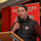 Derry City manager Ruaidhrí Higgins speaking at the launch of Derry City’s 2024 home shirt at O’Neill’s superstore on Wednesday evening. Photo: George Sweeney