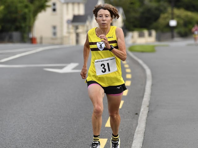 Ita Callaghan, Inishowen AC, competes in the Muff Feile 5K on Saturday morning. Photo: George Sweeney