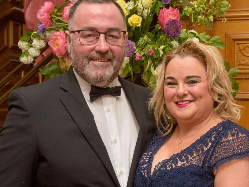 The Mayor Councillor Patricia Logue hosted the annual Mayor’s Ball in the Guildhall in aid of her crossed Charities the Foyle Hospice and Ryan McBride Foundation. Pictured at the event are guests, Councillor Sandra Duffy and her husband Kevin. Picture Martin McKeown. 24.05.24