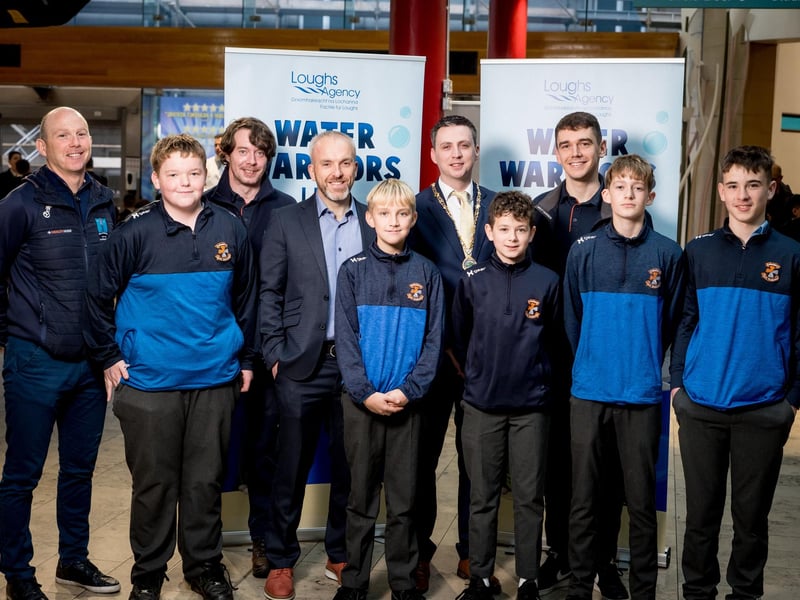 Staff and students from Carndonagh Community School alongside Loughs Agency staff, and Deputy Mayor of Derry and Strabane District Council, Councillor Jason Barr