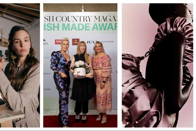 Caoimhe receiving her Irish Made award and on left, the gold twist tote and on right, the Ruche hobo.