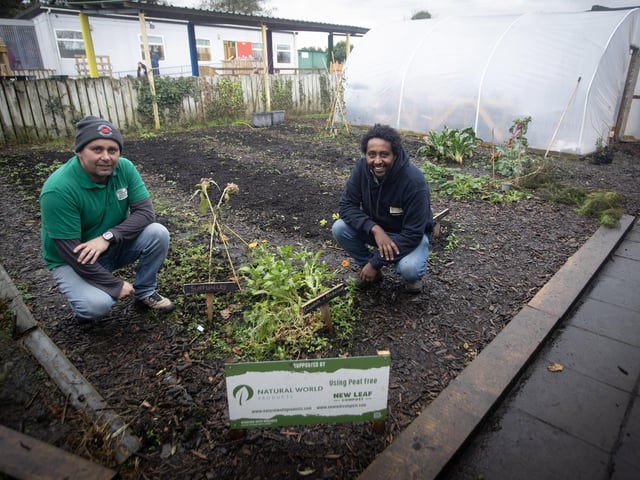 Checking out the planting area at Hollybush PS during last week's teacher training course are Gareth Lamrock, Field Officer, Eco Schools NI and Biruk Sahle (tutor), Natural World Products