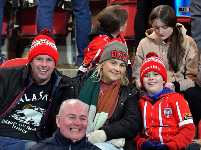Derry City fans at the Ryan McBride Brandywell Stadium for the game against Dundalk on Friday evening last. Photo: George Sweeney. DER2310GS – 041