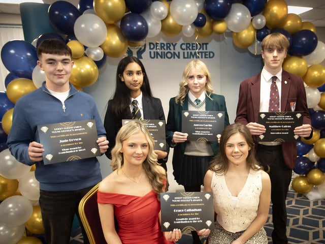 Derry Credit Union's Young People's Awards 2025 nominees being presented with their certificates by Sarah Doherty, Youth Committee, on Monday night. At front is Grace Callaghan. Back from left, Jude Bryson, Anya Ashok, Aurora Cartin and Matthew Cairns. (Photos: Jim McCafferty Photography)