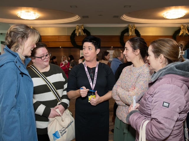 Mary Doherty, Patrica Kelly, Fiona McColgan, Jpsephine Doherty and Margaret Doherty at the HSE & IDP Health, Social Care Recruitment & Education Fair in Inishowen Gateway Hotel on Tuesday last. Photo Clive Wasson