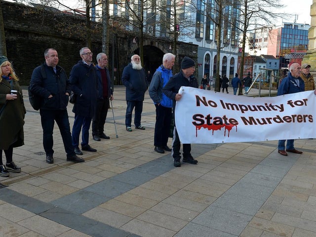 People gather at the ‘Bin the Legacy Bill’ protest, organised by The Bloody Sunday Trust and the Pat Finucane Centre, at Guildhall Square on Wednesday afternoon. Photo: George Sweeney. DER2247GS – 54