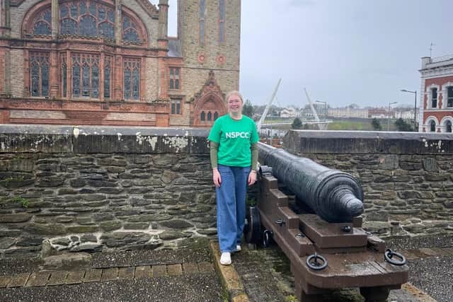 Bronagh, getting in one of her 5k a day, at home, on the Derry Walls.
