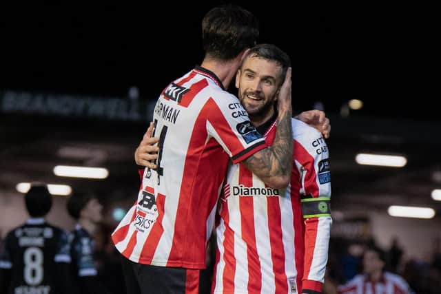 Michael Duffy of Derry City celebrates his holiday with Ellis Chapman of Derry City during the SSE Airtricity Men's Premier Division match between Derry City and Dundalk at The Ryan McBride Brandywell Stadium in Derry. Photo by Matthew Harvey/Sportsfile