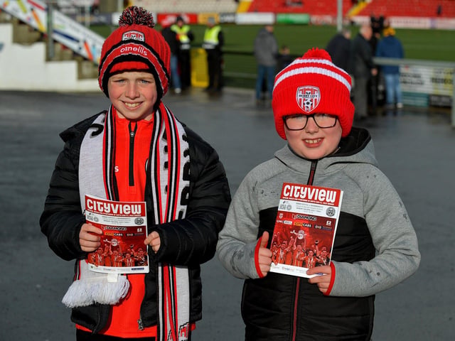 Young fans at the Derry City v Bohemian game at Brandywell Stadium on Monday evening. Photo: George Sweeney. DER2315GS – 104