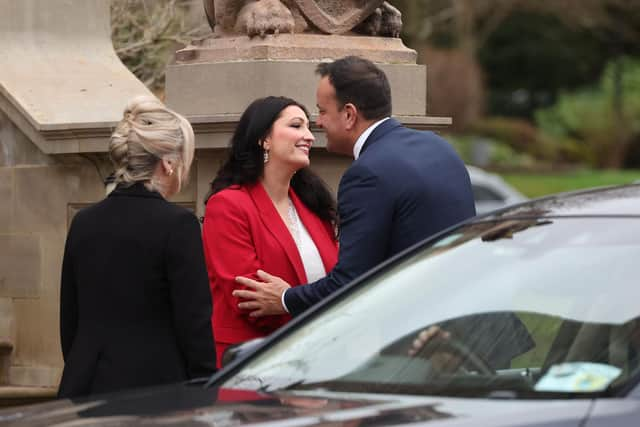 First Minister Michelle O'Neill and Deputy First Minister Emma Little-Pengelly and Taoiseach Leo Varadkar at Stormont Castle