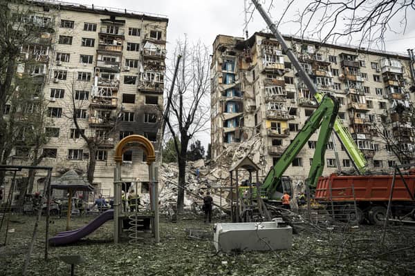 One of the major hit sites of the Russian attack in Kyiv, Ukraine, where a whole building collapsed as a result of a direct missile hit, on June 17, 2025. (Photo by Ori Aviram / Middle East Images via AFP) (Photo by ORI AVIRAM/Middle East Images/AFP via Getty Images)