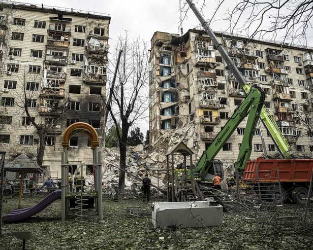 One of the major hit sites of the Russian attack in Kyiv, Ukraine, where a whole building collapsed as a result of a direct missile hit, on June 17, 2025. (Photo by Ori Aviram / Middle East Images via AFP) (Photo by ORI AVIRAM/Middle East Images/AFP via Getty Images)
