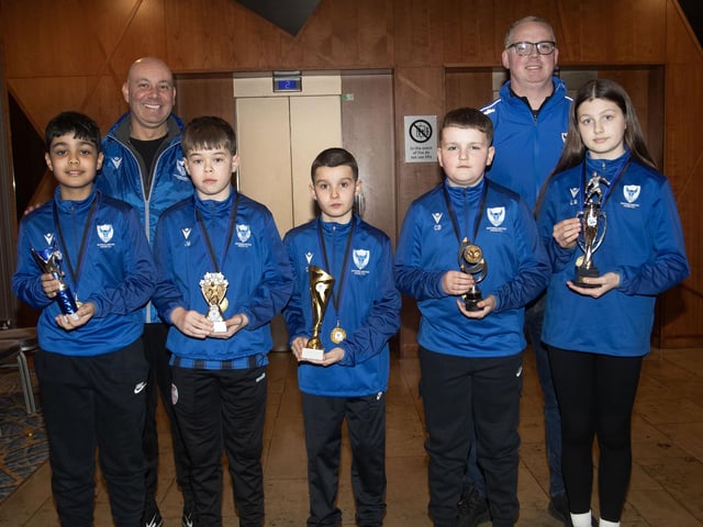 The 2013 main prizewinners pictured with coaches Sean Doherty and Francis Duffy on Monday night. Front from left, Joel Doherty, John Monteith, Connor O'Hagan, Conor Burke and Lauren Gallagher (D&D Player of the Year). (Photos: Jim McCafferty Photography)