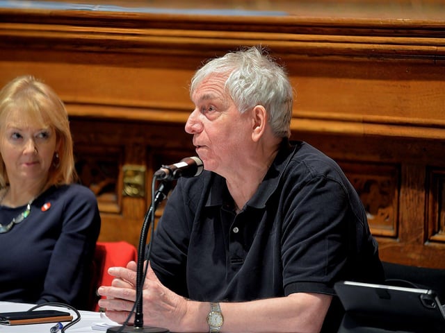 National Union of Journalists president Pierre Vicary speaking at a public meeting, held in the Guildhall on Wednesday evening, opposing proposed cuts to jobs and services at BBC Radio Foyle. George Sweeney. DER2301GS – 23