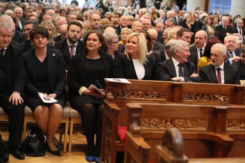 Tony Lloyd, second from right, with, from left to right, the then SNP Westminster leader Ian Blackford, the then DUP leader Arlene Foster, Sinn Féin leader Mary Lou McDonald, Sinn Féin deputy leader Michelle O'Neill and the then Labour Party leader Jeremy Corbyn before the funeral service for murdered journalist Lyra McKee at St Anne's Cathedral in Belfast in 2019. Brian Lawless/PA Wire