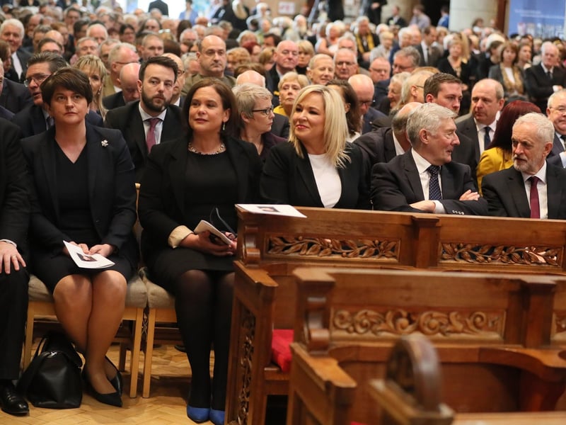 Tony Lloyd, second from right, with, from left to right, the then SNP Westminster leader Ian Blackford, the then DUP leader Arlene Foster, Sinn Féin leader Mary Lou McDonald, Sinn Féin deputy leader Michelle O'Neill and the then Labour Party leader Jeremy Corbyn before the funeral service for murdered journalist Lyra McKee at St Anne's Cathedral in Belfast in 2019. Brian Lawless/PA Wire