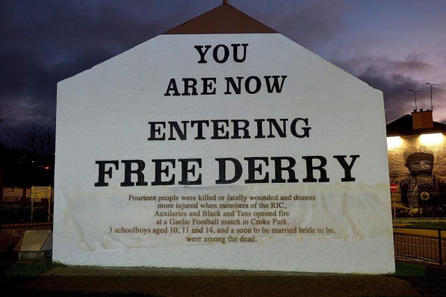 One of the projected images, on Free Derry Corner on Thursday evening, of the British colonial past from the ‘The Sun Never Set And The Blood Never Dries’ art project created by Art Everywhere.  The event was part of Bloody Sunday 51 anniversary. Photo: George Sweeney. DER2305GS – 110